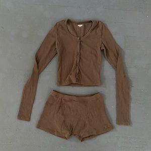 PRIX Cozy Brown Button-Up Lounge Set